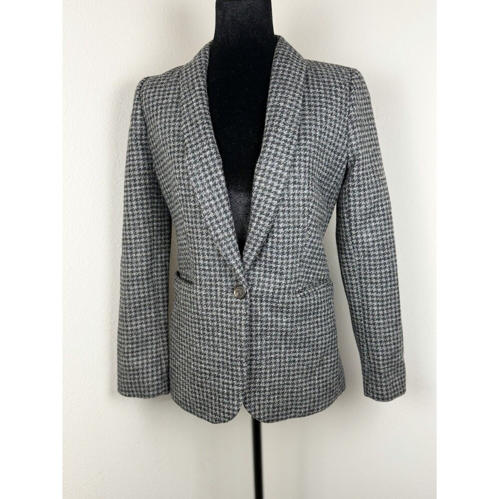 J. Crew 100% Wool Houndstooth Blazer Jacket Womens Size 00 Gray Tailored Classic